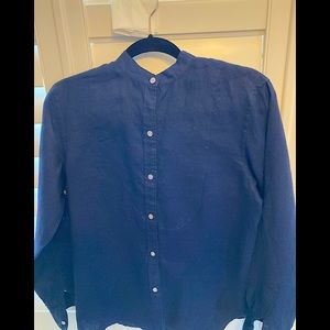Chaps, true navy blue linen blouse. Stand up neck with silver buttons. Size M.